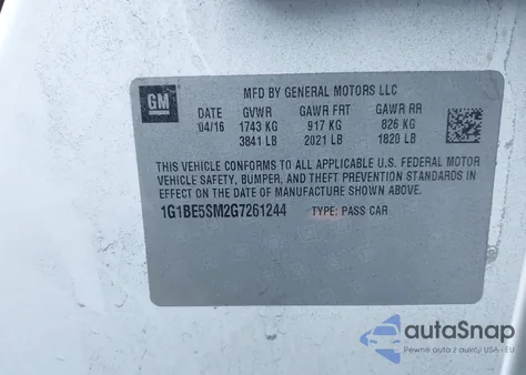 2016 Chevrolet Cruze Lt Auto z USA, uszkodzony, nr VIN 1G1BE5SM2G7261244